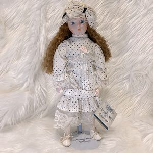 vintage doll porcelain with hat, polkadot, blue eyes heritage mint crimped hair